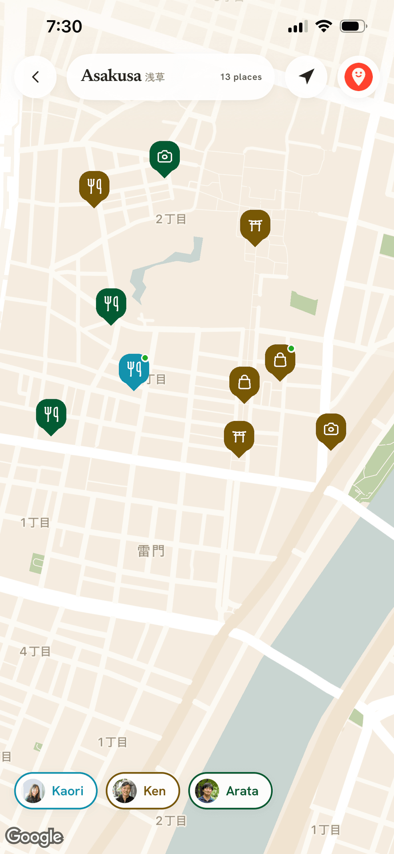 The Asakusa map in Tomodatti, pins coloured by guide